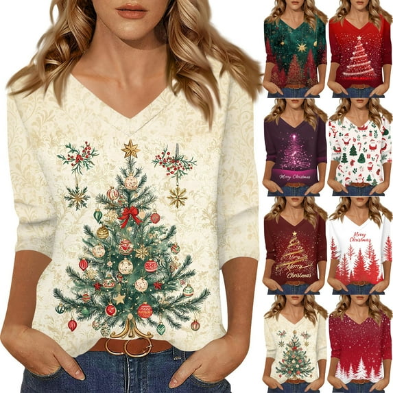 Resicozy 3/4 Length Sleeve Womens Christmas Tops Dressy Casual Blouses Trendy V Neck Xmas Printed T Shirts Fall Clothes Dark Purple 3XL