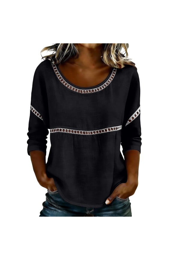 3/4 Sleeve Length Tops for Women Lace Patch Casual Dressy Blouses Vintage Trendy Shirts Round Neck Loose Fit Tunic Black M