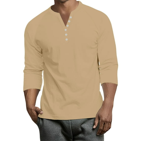Resicozy 3/4 Sleeve Shirt Men Button Henley Big and Tall Baseball T-Shirts 2025 Fall Casual Sport Solid Color Athletic Tee Tops Earthy Yellow M
