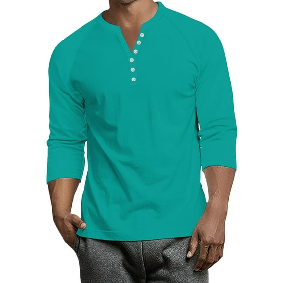 Resicozy 3/4 Sleeve Shirt Men Button Henley Fashion Baseball T-Shirts 2025 Fall Casual Sport Solid Color Athletic Tee Top Turquoise S