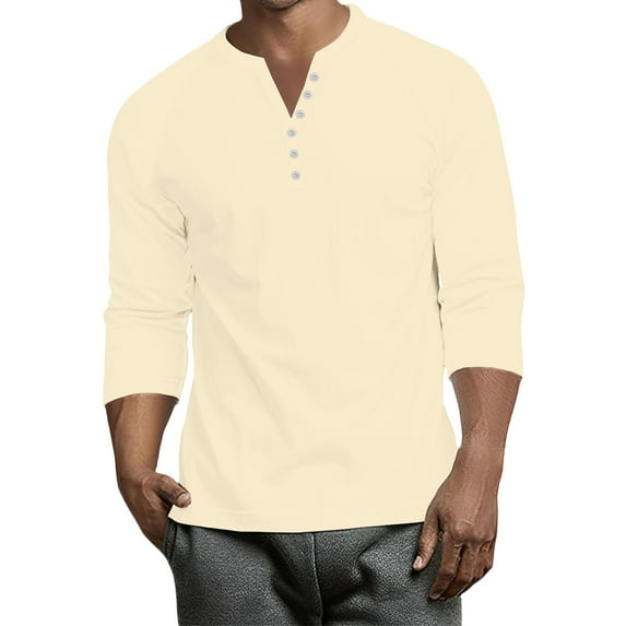 Resicozy 3/4 Sleeve Shirt Men Button Henley Fashion Baseball T-Shirts 2025 Fall Casual Sport Solid Color Athletic Tee Tops Beige M