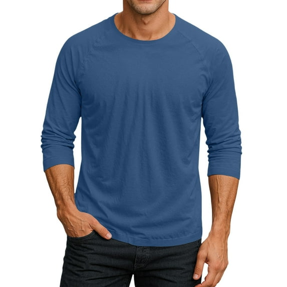 Resicozy 3/4 Sleeve Shirt for Men Solid Color Crew Neck Baseball T-Shirts Fall Fashion T Shirts Casual Loose Fit Tees Blue 2XL