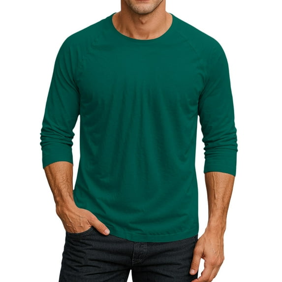 Resicozy 3/4 Sleeve Shirt for Men Solid Color Crewneck Baseball T-Shirts Fall Fashion T Shirts Casual Loose Fit Tees Dark Green L