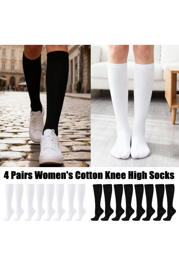 4 Pair Knee High Socks for Woman Long Sock Tall Sock Women Solid Color Winter Knee High Black 1 15.7 In