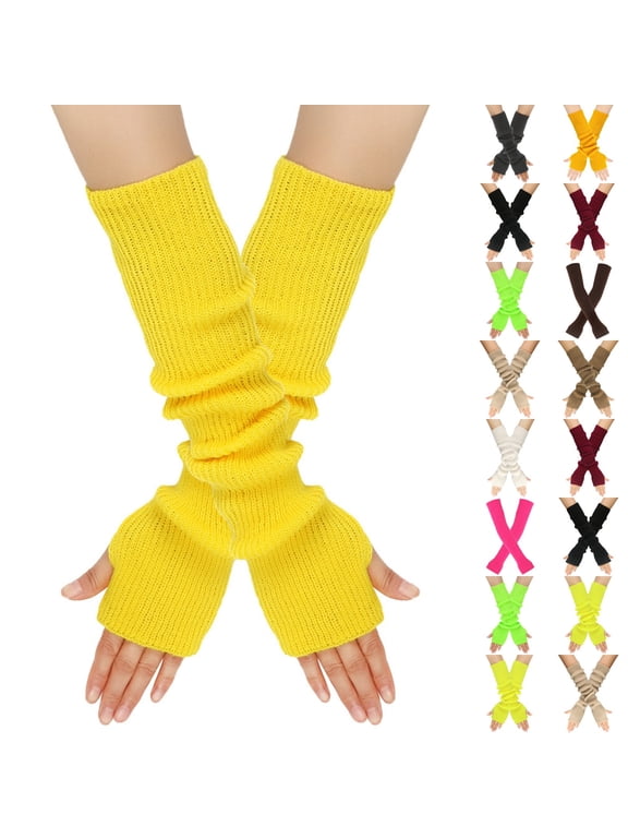 Arm Warmers Women, Women's Long Stretchy Fingerless Gloves with Thumb Hole Knit Arm Sleeves for Women Y2k Yellow