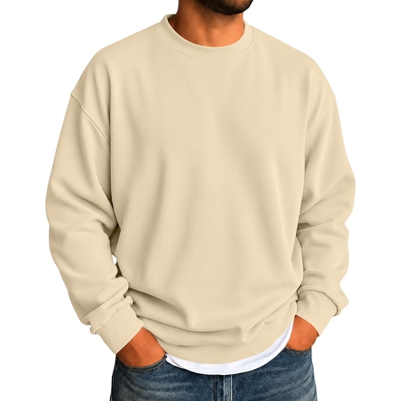 Resicozy Athletic Crewneck Sweatshirts Men Classic Solid Color Lightweight Long Sleeve Sweatshirt Beige 2XL