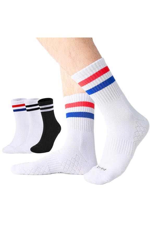 Athletic Socks for Men Women 2026 Sport Running Calf Socks Breathable Crew Sock with Striped White with Blue and Red Striped