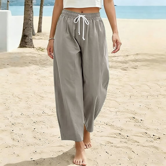 Resicozy Baggy Barrel Pants Women High Waisted Wide Leg Casual Elastic Drawstring Cropped Loose Trousers with Pockets Light Gray L