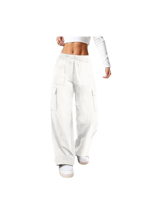Baggy Cargo Pants Women Parachute Hiking Drawstring Wide Leg Pants with 4 Pockets Y2K Clothes Casual Travel White S