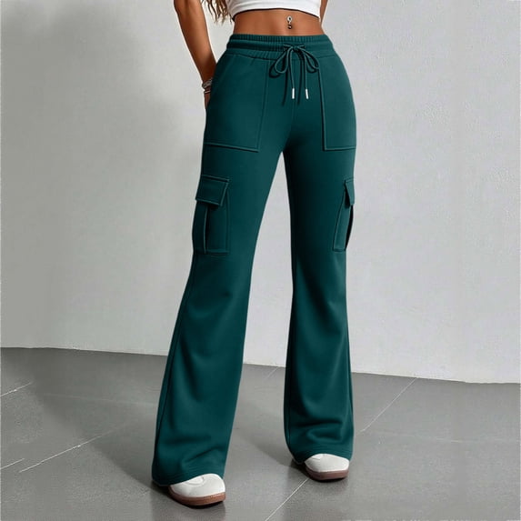 Resicozy Baggy Flare Cargo Pants for Women Hiking Wide Leg Pants with Pockets Y2K Clothes Casual Travel Dark Green S