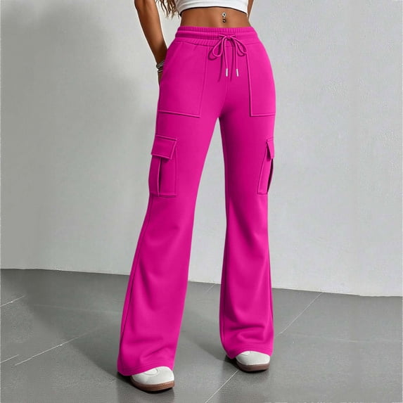 Resicozy Baggy Flare Cargo Pants for Women Hiking Wide Leg Pants with Pockets Y2K Clothes Casual Travel Hot Pink L