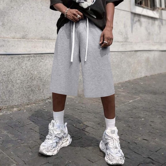 Resicozy Baggy Sweat Shorts for Men Casual Cotton Under Knee Length Loose Shorts with Pockets Y2K Style Basketball Light Gray XL