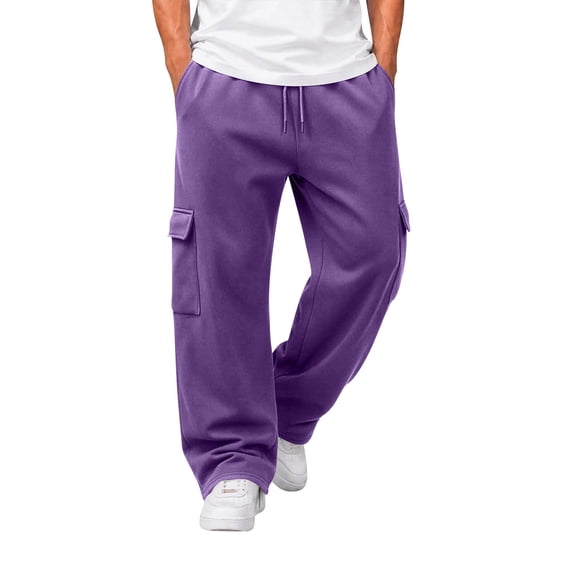 Resicozy Baggy Sweatpants Men Fall Winter Casual Fleece Wide Leg Drawstring Cargo Sweat Pants Athletic Gym Jogger with Pockets Purple M