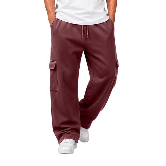 Resicozy Baggy Sweatpants Men Fall Winter Casual Fleece Wide Leg Drawstring Cargo Sweat Pants Athletic Gym Jogger with Pockets Wine M
