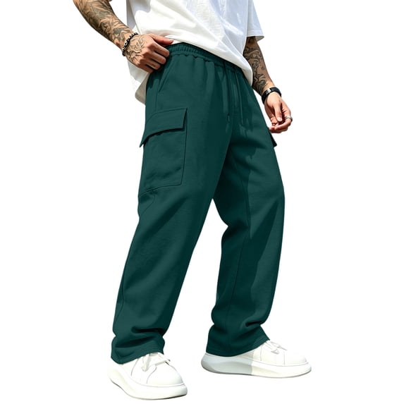 Resicozy Baggy Sweatpants Men Wide Leg Casual Joggers Cotton Loose Drawstring Elastic Waist Pants with Pockets Dark Green 2XL