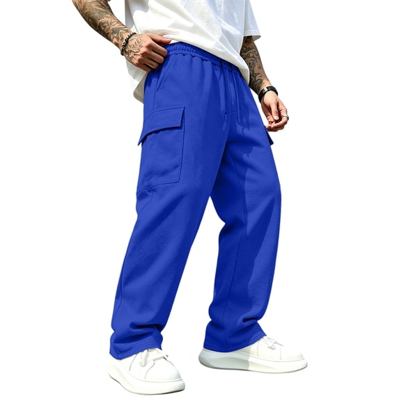 Resicozy Baggy Sweatpants Men Wide Leg Casual Joggers Cotton Loose Drawstring Elastic Waist Pants with Pockets Royal Blue 3XL