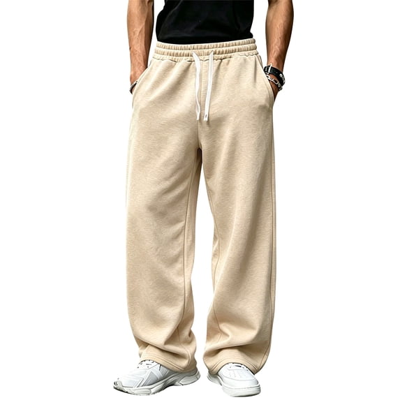 Resicozy Baggy Sweatpants Men Wide Leg Loose Fit Lounge Gym Solid Casual Joggers Oversized Pants with Pockets Beige L