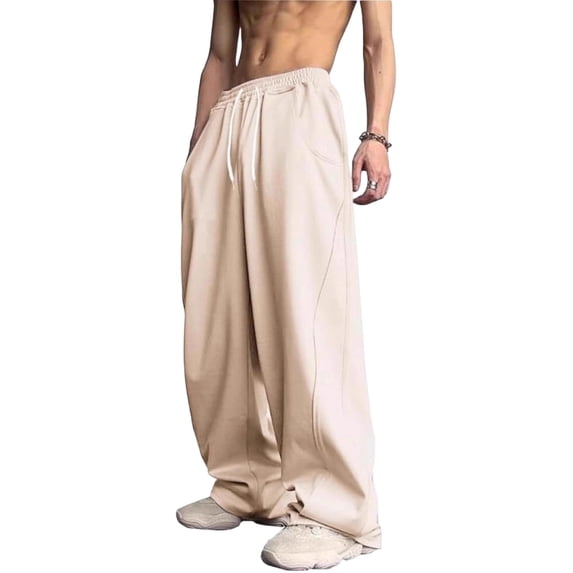 Resicozy Baggy Sweatpants Men Wide Leg Streetwear Casual Lounge Pants Drawstring Elastic Waist Solid Sweat Pants with Pockets Beige 2XL