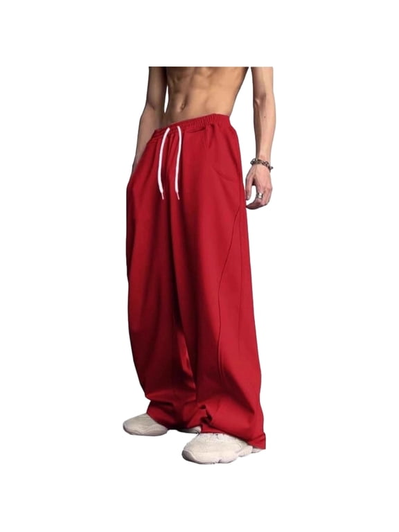 Baggy Sweatpants Men Wide Leg Streetwear Casual Lounge Pants Drawstring Elastic Waist Solid Sweat Pants with Pockets Red M