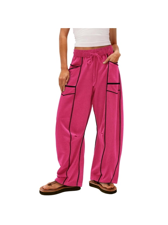 Barrel Sweatpants Women Baggy Wide Leg Lounge Pants Summer Travel Pants Beach Vacation Trousers with Pockets Hot Pink M