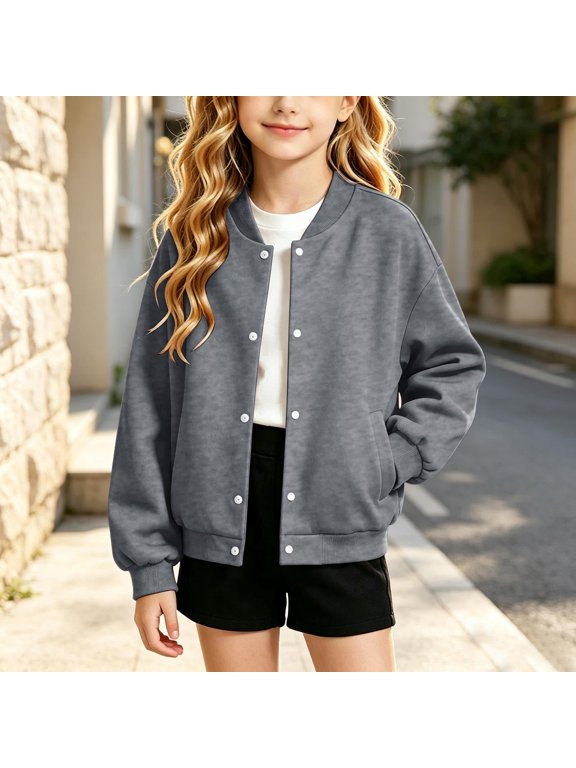 Baseball Jacket Girls School Jackets for Kids Casual Button Down Sweatshirt, Long Sleeve Oversized Fall Jackets with Pockets 3-14 Years Gray 140