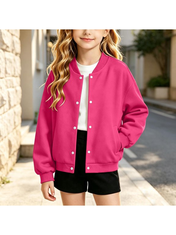 Baseball Jacket Girls School Jackets for Kids Casual Button Down Sweatshirt, Long Sleeve Oversized Fall Jackets with Pockets 3-14 Years Hot Pink 140