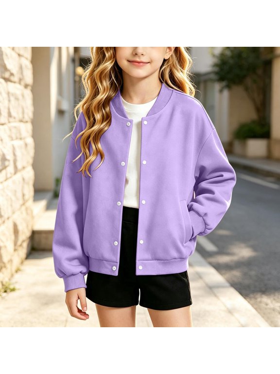 Baseball Jacket Girls School Jackets for Kids Casual Button Down Sweatshirt, Long Sleeve Oversized Fall Jackets with Pockets 3-14 Years Light Purple 120