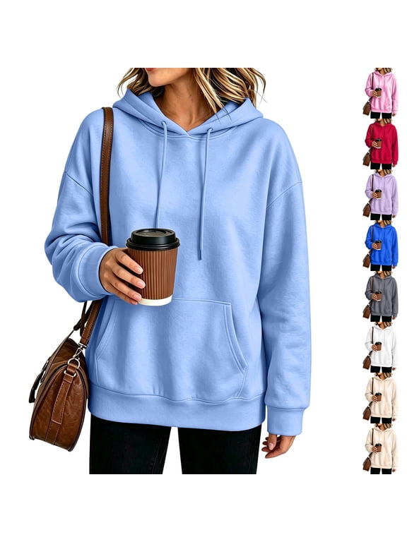 Basic Oversized Hoodies for Women Solid Color Hooded Sweatshirt Baggy Plain Pullover Loose Fit Tops with Pockets Light Blue L