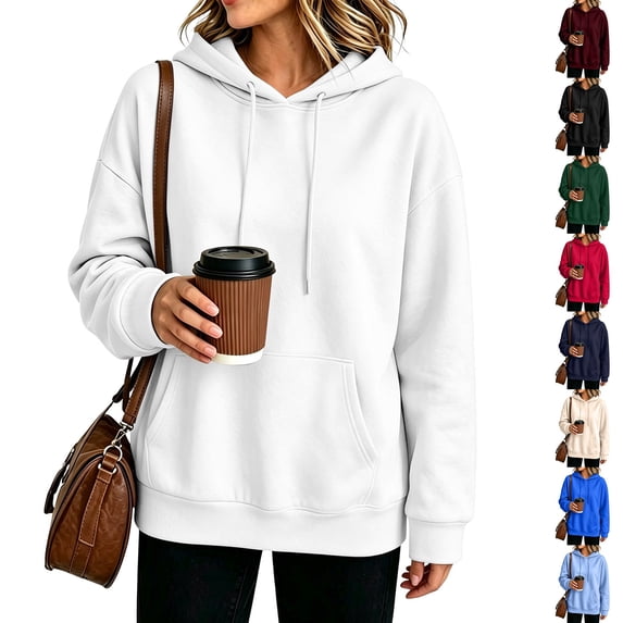 Resicozy Basic Oversized Hoodies for Women Solid Color Hooded Sweatshirt Baggy Plain Pullover Loose Fit Tops with Pockets White XL