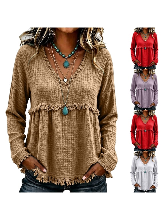 Boho Western Tops for Women Long Sleeve Shirts V Neck Casual Loose Fit Tunic Blouses, Waffle Knit Camel M