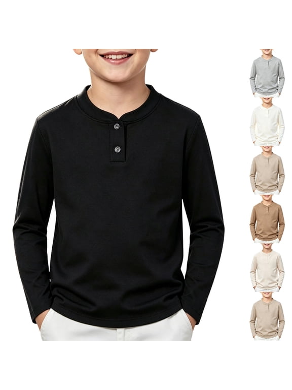 Boys Henley Long Sleeve Shirt 2 Button Placket Neck, Kids Crewneck Casual T Shirt 2-12 Years Black 140