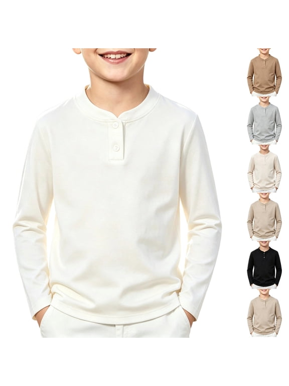 Boys Henley Long Sleeve Shirt 2 Button Placket Neck, Kids Crewneck Casual T Shirt 2-12 Years White 140