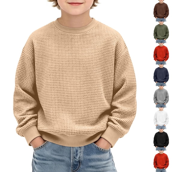 Resicozy Boys Long Sleeve Waffle Shirts Crewneck Sweatshirt Fall Winter Basic Shirt, Casual School Daily, Toddler Kids, Soft Comfortable 3-14 Years Camel 130