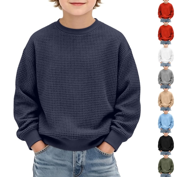 Resicozy Boys Long Sleeve Waffle Shirts Crewneck Sweatshirt Fall Winter Basic Shirt, Casual School Daily, Toddler Kids, Soft Comfortable 3-14 Years Navy 120