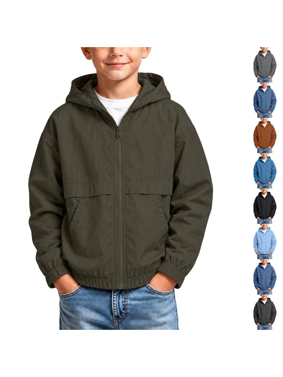 Boys Rain Jacket Cycling Hooded Raincoats for Kids Lightweight with Zipper Pockets Climbing Running School Outdoor Dark Green M