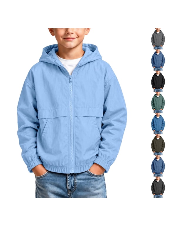 Boys Rain Jacket Cycling Hooded Raincoats for Kids Lightweight with Zipper Pockets Climbing Running School Outdoor Light Blue 2XL