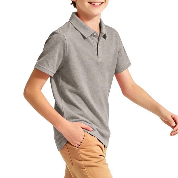 Resicozy Boys' School Uniform Short Sleeve Polo Shirt, Button Closure, Comfortable & Soft Top Light Gray 120