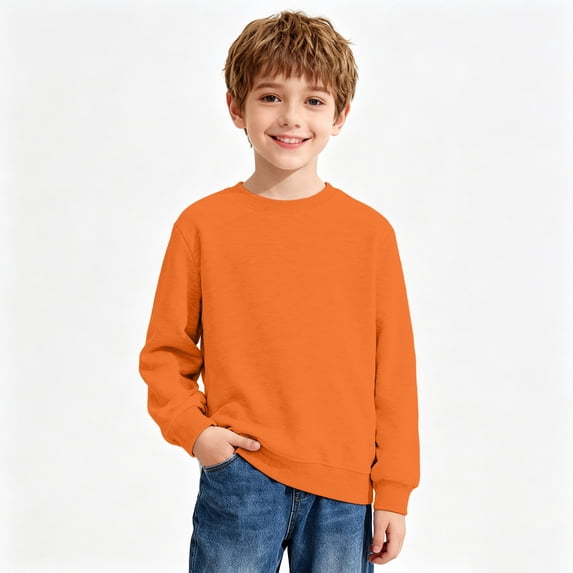 Resicozy Boys Sweatshirts Long Sleeve Casual Crew Neck Soft Teen Pullover Sweaters Trendy Solid Color Sweatshirt 2026 3-14 Years Saffron 110