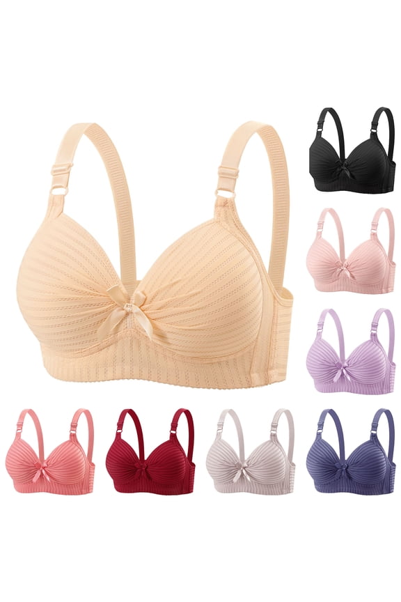Breathable Wireless Bras for Women Supportive Seamless Bra Comfortable Striped Bras with Bow Light Purple 38