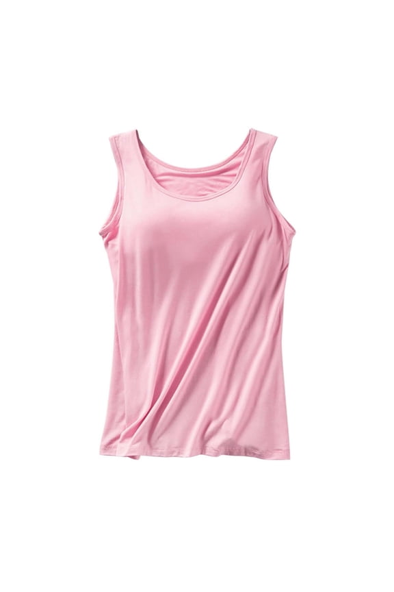 Built in Bra Tank Top Women 2026 Casaul Sleeveless Wide Strap Solid Color Sleepwear Workout Yoga Padded Camisole Top Light pink 4XL