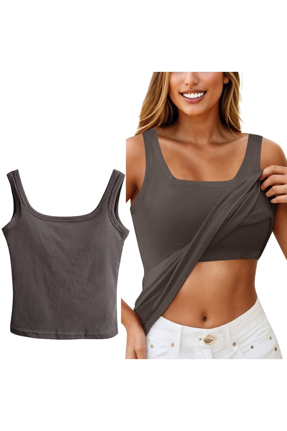Built in Bra Tank Tops Womens 2026 Casaul Sleeveless Wide Strap Basic Sleepwear Workout Yoga Padded Camisole Top Dark Gray One Size