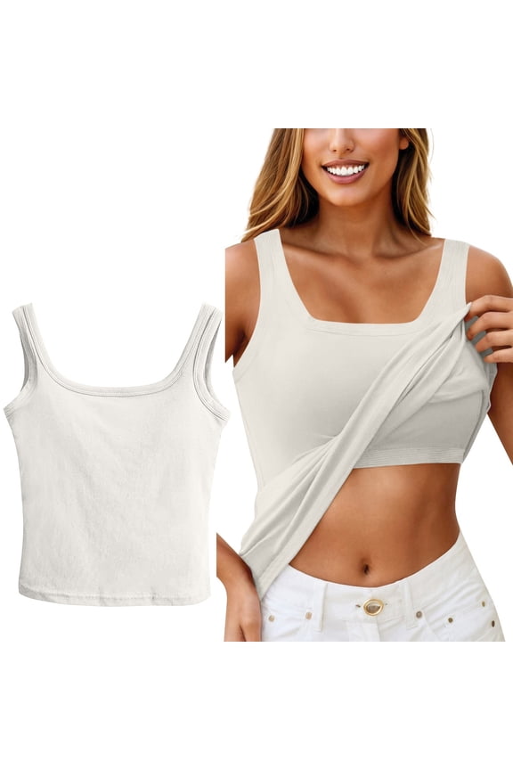 Built in Bra Tank Tops Womens 2026 Casaul Sleeveless Wide Strap Basic Sleepwear Workout Yoga Padded Camisole Top White One Size