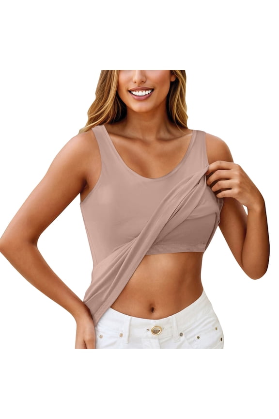 Built in Bra Tank Tops for Women Casaul Sleeveless Wide Strap Basic Sleepwear Workout Yoga Padded Camisole Top 2026 Khaki L