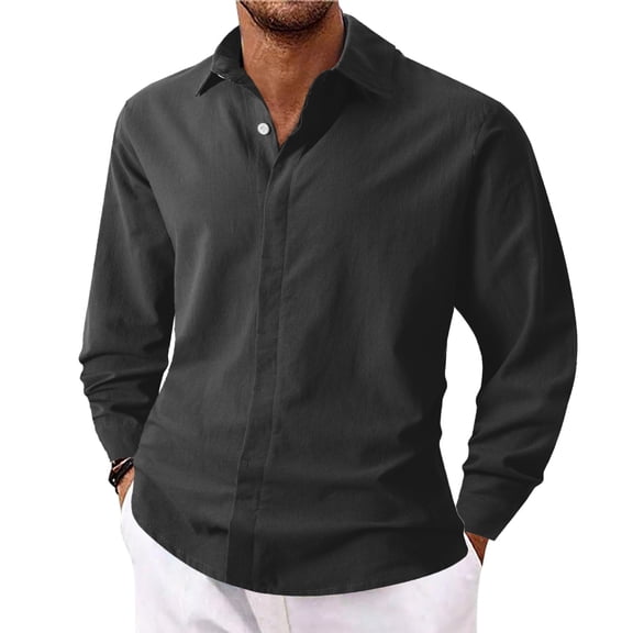 Resicozy Button Down Linen Shirts for Men Trendy Casual Long Sleeve Fit Solid Color Beach Shirts 2026 Black M