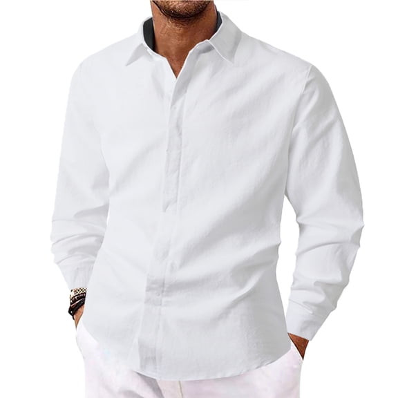 Resicozy Button Down Linen Shirts for Men Trendy Casual Long Sleeve Fit Solid Color Beach Shirts 2026 White S