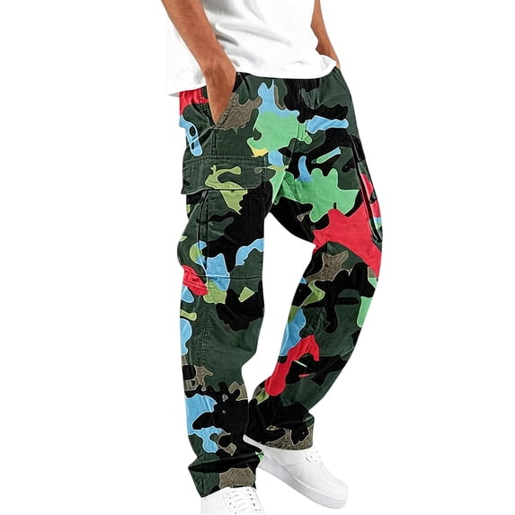 Resicozy Camo Cargo Pants for Men Casual Outdoor Hiking Pants Fashion Solid Wide Leg Pants Athletic Joggers Sweatpants with Pockets Multicolor 2XL