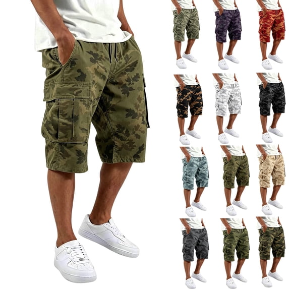 Resicozy Camo Cargo Shorts for Men Drawstring Elastic Waist Cargo Bottoms Relaxed Fit Knee Length Casual Outdoor Pant with Pockets Green 4XL