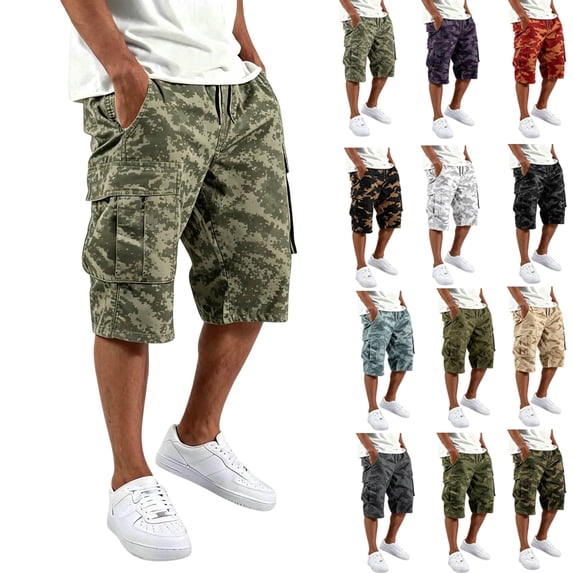Resicozy Camo Cargo Shorts for Men Drawstring Elastic Waist Cargo Bottoms Relaxed Fit Knee Length Casual Outdoor Pant with Pockets Mint Green 4XL