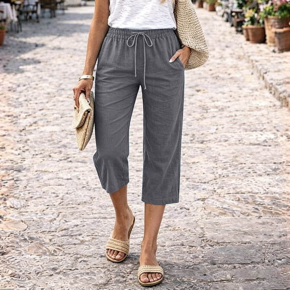 Resicozy Capri Pants for Women 2026 Cotton Linen Casual Summer Straight Leg Loose Drawstring Elastic Cropped Trouser with Pockets Dark Gray L