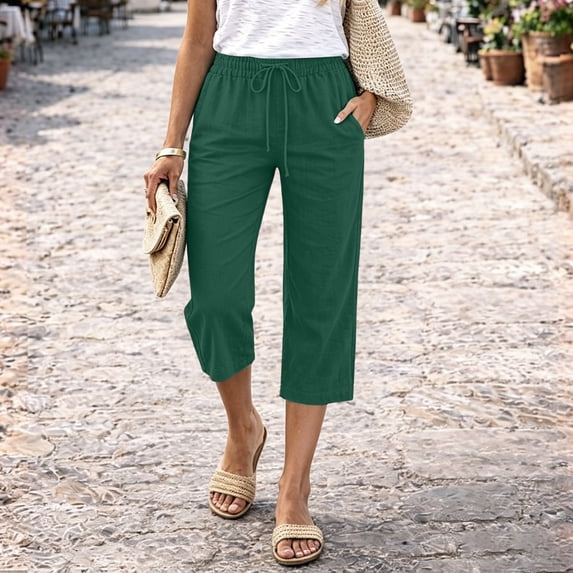 Resicozy Capri Pants for Women 2026 Cotton Linen Casual Summer Straight Leg Loose Drawstring Elastic Cropped Trousers with Pockets Dark Green XL